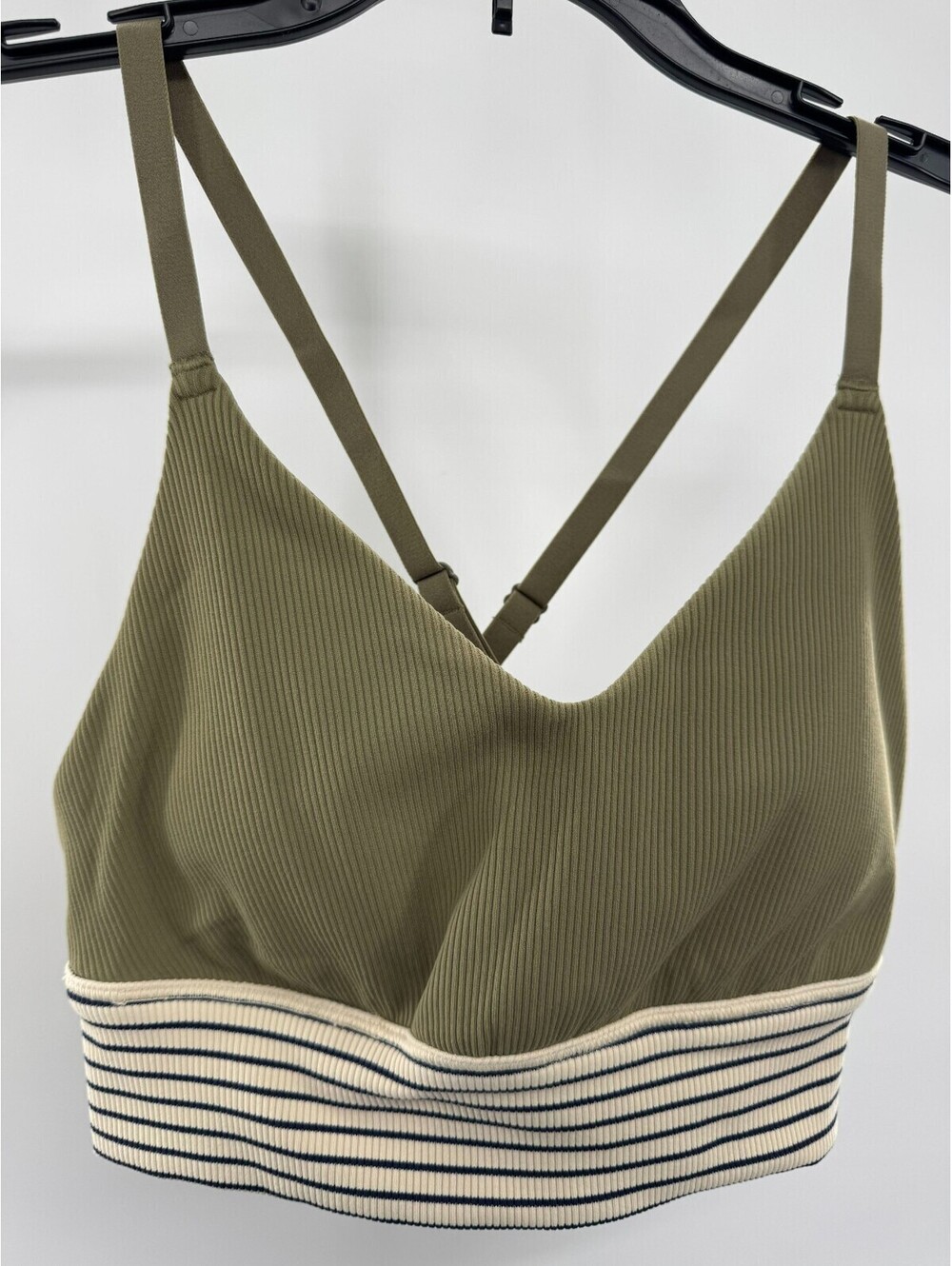 Womens Triangle Bralette Green Stripes M Padded Cross Back Stretch Pullover NWT